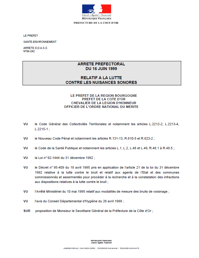 Bruit de voisinage - arrêté préfectoral du 16 juin 1999