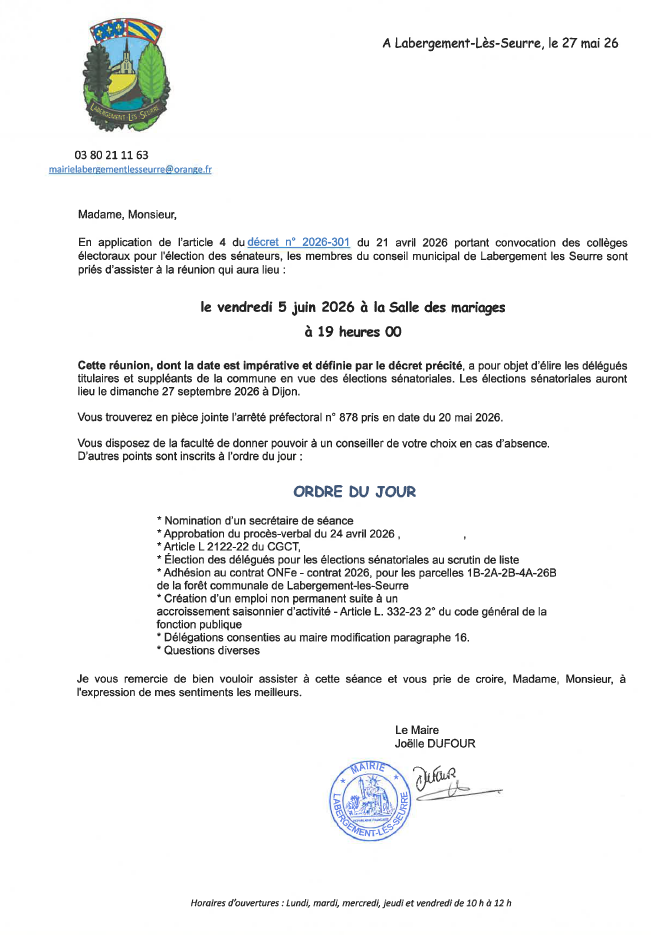 Convocation au Conseil municipal du 5 juin 2026 à 19 h 